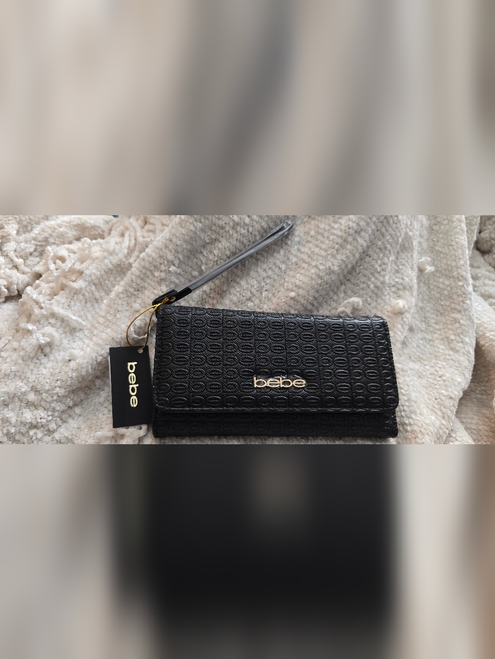 bebe Black Textured Logo Wristlet Clutch